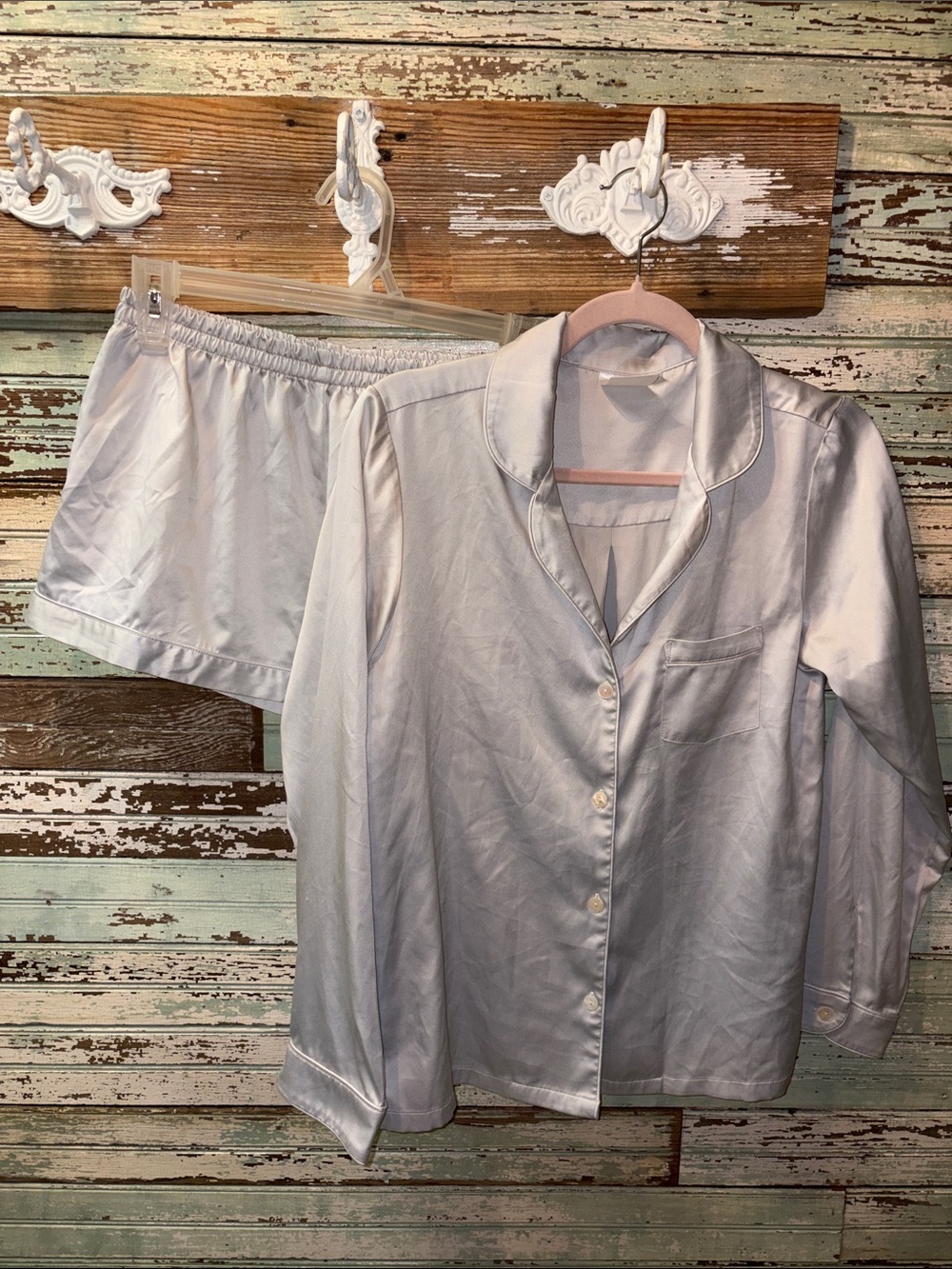 Plum Pretty Sugar Light Blue Satin Button-Down Pajama Top and Bottom Set